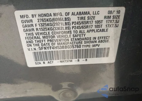 2011 Honda Pilot Ex-L из США, поврежденный, VIN 5FNYF4H53BB035760